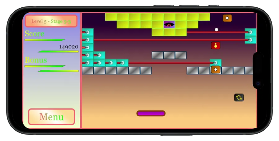 Partie en cours de BreakFit : briques, balle, score et bonus actifs.