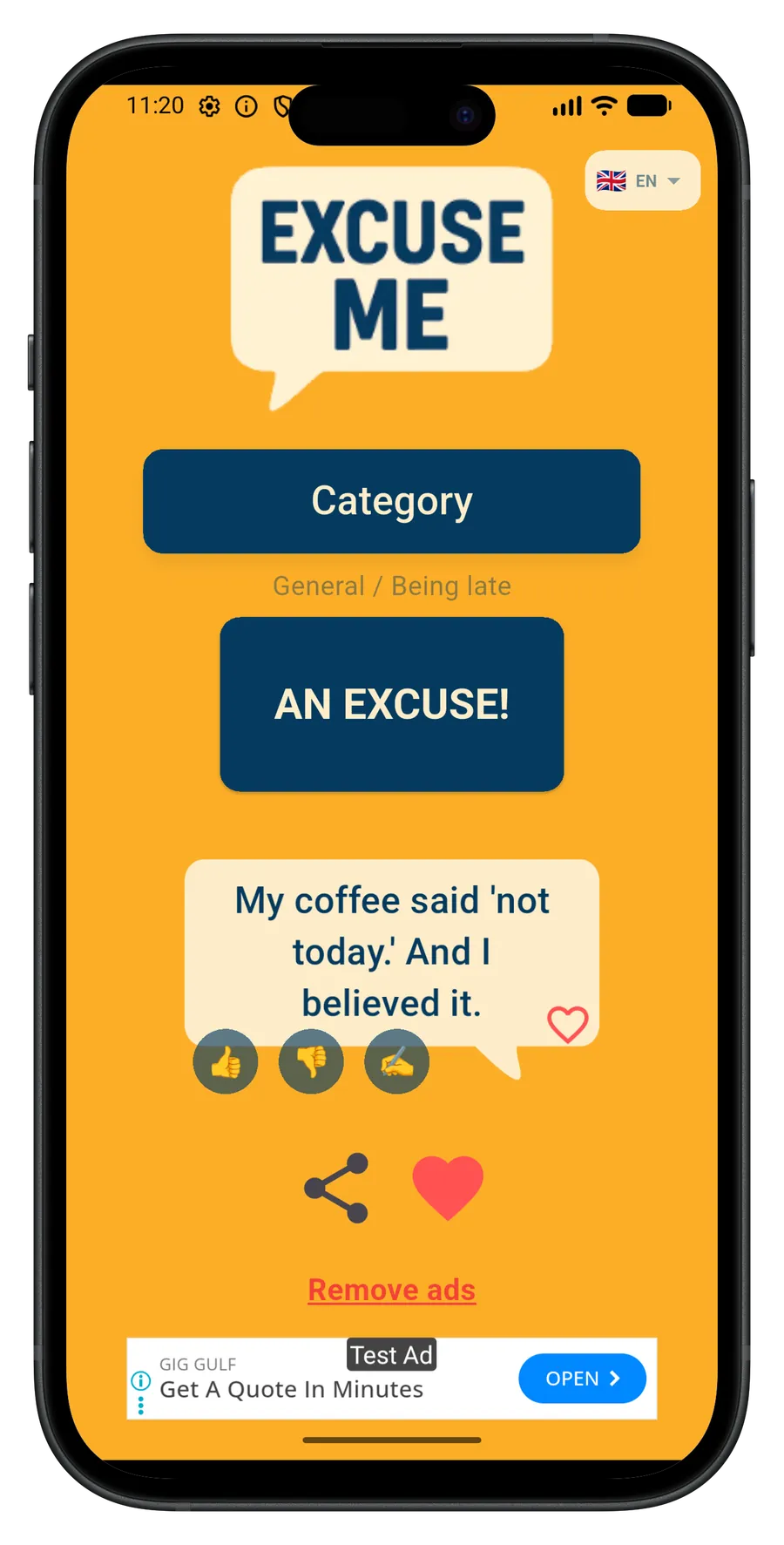 Écran principal d'ExcuseMe affichant une excuse générée.