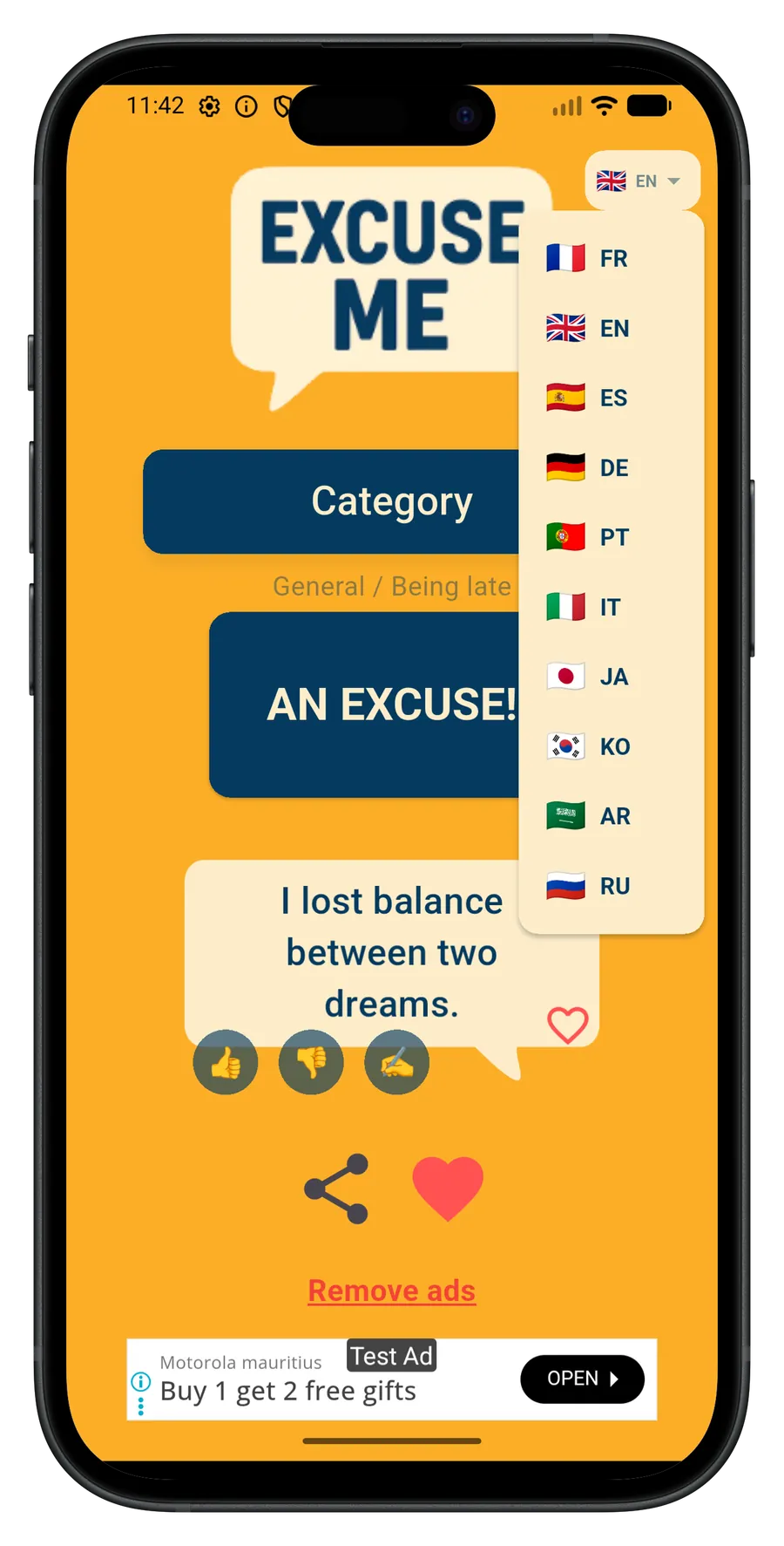Sélection de catégorie et sous-catégorie dans ExcuseMe.