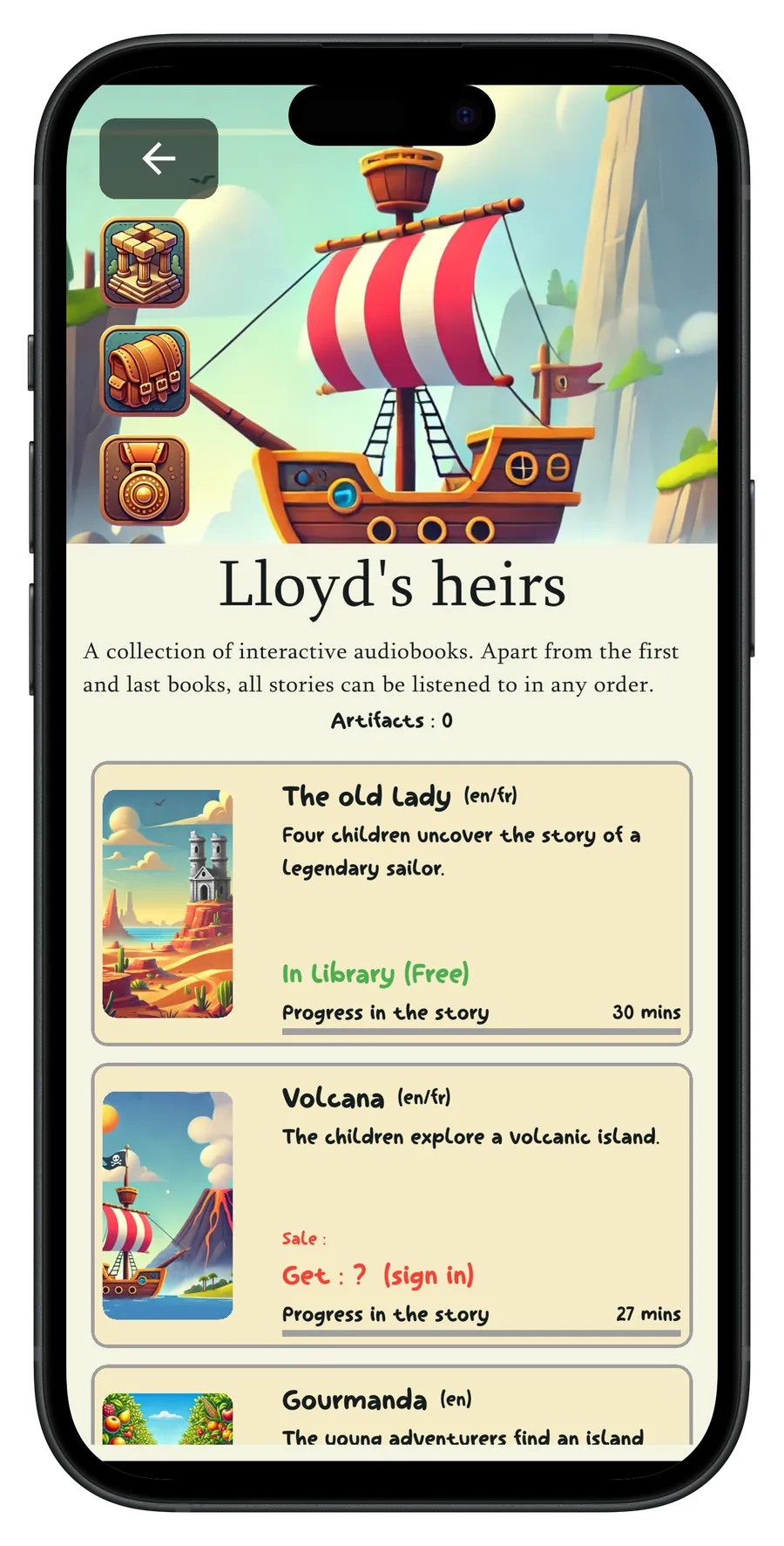 Page de lecture d'un chapitre avec illustrations et boutons audio.